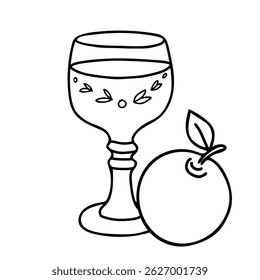 Composição De Sidra De Maçã. Elegante Wine Roman Glass com padrões de folhas decorativas e frutas de maçã. Ilustração vetorial em estilo simples e minimalista em estilo Doodle. Para menu de barras ou logotipo.