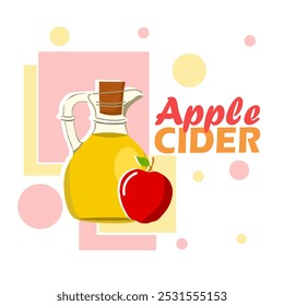 Dia da sidra de maçã para comemorar em 18 de novembro. Um frasco contém sidra de maçã com uma maçã vermelha fresca sobre um fundo bege claro. Banner do evento de comida e bebida.