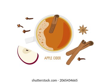 Apple Cider. Decorative vector illustration for menu. Warm beverage mug with slices of apples, cinnamon, anise, cloves. Colorful Vector illustration in flat style on white background.