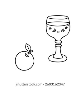 Apple Cider. Elegant Wine Roman Glass with decorative leaf patterns. Simple, minimalistic style Vector illustration in Doodle style. For bar menu or logo.