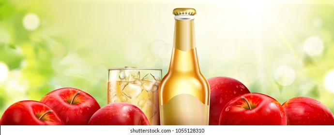 Apple cider with fresh fruits, refreshing beverage on bokeh background in 3d illustration