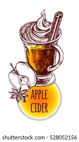 Apple cider in a glass with cinnamon sticks. Template for cards, invitations, posters, flyers, menu. Hand-drawn vector illustration.