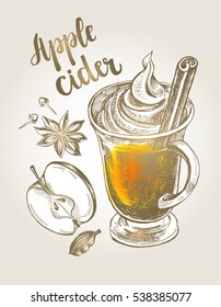 Apple cider in a glass with cinnamon sticks. Template for cards, signboard, posters, flyers, menu. Hand-drawn vector illustration.