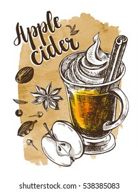 Apple cider in a glass with cinnamon sticks. Template for cards, signboard, posters, flyers, menu. Hand-drawn vector illustration.