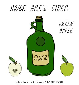 Apple Cider Glass Vintage Bottle. Green Apple Fruit. Home Brew. Autumn or Fall Vegetable Harvest Collection. Realistic Hand Drawn High Quality Vector Illustration. Doodle Style.