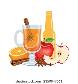 Apple cider hot drink vector illustration. Hot drink with apples, orange, cinnamon and star anise icon vector. Glass of winter sweet drink drawing. Hot mulled cider icon isolated on a white background