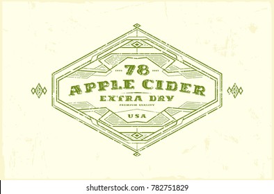 Apple cider label with vintage frame for logo, emblem, sticker design. Green print on light background