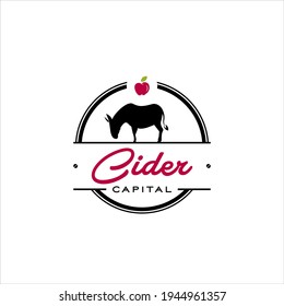 Apple Cider Logo with Donkey Vector, in Round Frame Badge Style Vector Template for Food and Beverage Ideas