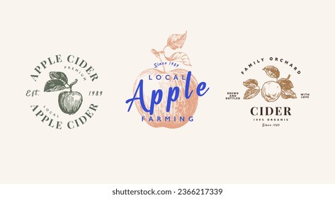 Conjunto de plantillas de logotipo de sidra de Apple, emblema de productos de jugo de manzana. Frutas de manzana dibujadas a mano