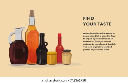Apple cider, malt and balsamic vinegars in bottle, pepper and tomato sauce, mustard vector condiment and spread set poster design. Illustration with place for text