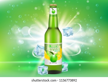 Apple cider package mockup. Vector realistic illustration of green glass bottle with label of alcohol drink fruit beer, ice cubes, bubbles. 3d apple cider poster, banner, flyer design template.