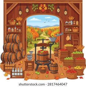 Apple Cider Press with Fresh Fruit Harvest in a Rustic Barn and Autumn Orchard Landscape