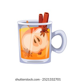 Sidra de manzana, ponche con trozos de manzana, canela, anís. Cóctel de invierno caliente, bebida de Navidades. Ilustración vectorial.