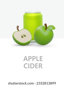 sidra de manzana. Afiche vertical con manzana verde 3D y lata. Todo y cortar fruta fresca. Plantilla para festival, evento, vacaciones. Concepto de anuncio, lugar de texto