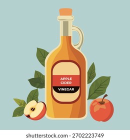 Apple cider vinegar bottle with apples and leaves, suitable for background or food-related concepts