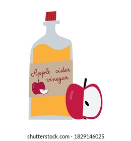 Apple cider vinegar bottle in flat style. Fruit salad dressing, healthy drink isolated on white background. Hand drawn typography on a label.