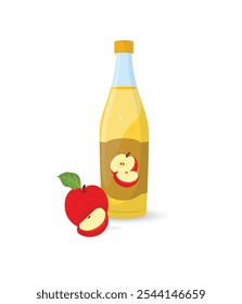 Vinagre de sidra de maçã em garrafa e frutas de maçã vermelhas isoladas sobre fundo branco. Ilustração plana de desenho animado de vetor. ilustração de stock