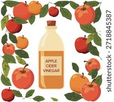 Apple cider vinegar bottle surrounded by apples and leaves with white background