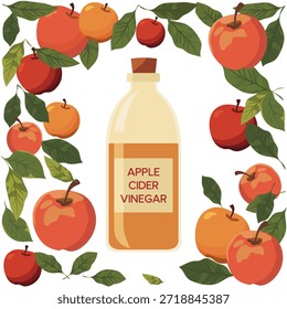 Botella de vinagre de sidra de manzana rodeada de manzanas y hojas con fondo blanco