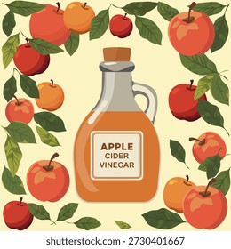 Apple cider vinegar bottle surrounded by apples and leaves, perfect for autumn-themed background