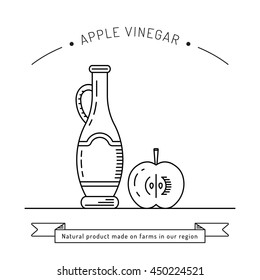 Apple cider vinegar in the bottle vector, outline. A set of glass bottles decanters with Apple cider vinegar, spice for cooking. The fruit of the Apple which is Apple cider vinegar.
