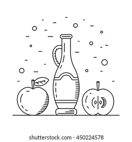 Apple cider vinegar in the bottle vector, outline. A set of glass bottles decanters with Apple cider vinegar, spice for cooking. The fruit of the Apple which is Apple cider vinegar.