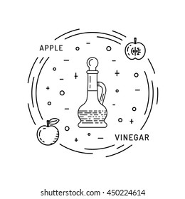 Apple cider vinegar in the bottle vector, outline. A set of glass bottles decanters with Apple cider vinegar, spice for cooking. The fruit of the Apple which is Apple cider vinegar.