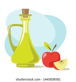 Apple cider vinegar and fruits. Design element for leaflet, booklet or sticker. Harvest symbol. Ingredients for cooking, baking, salad dressing and preservation.