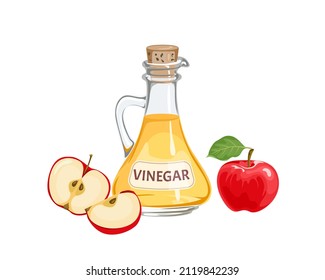 vinagre de sidra de manzana en botella de vidrio y frutas de manzanas rojas aisladas en fondo blanco. Ilustración plana de dibujos animados.