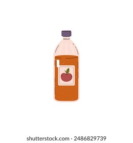 Apple cider vinegar in glass bottle with label red apple. Vector flat illustration isolated on white background. Jar of fruit vinegar, flavor organic acid, sour condiment cooking ingredient