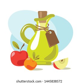 Apple cider vinegar with juicy fruits. Design elements for leaflet, booklet or sticker. Harvest symbol. Ingredients for cooking, baking, salad dressing and preservation.