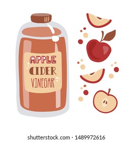 Apple cider vinegar. Tall glass bottle with fermented vinegar, fresh sliced fruits, and decorative dots. Vector illustration in trendy flat style. Card, poster design for healthy eating and cooking.