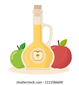 Apple cider vinegar vector flat icon. Isolated bottle of vinegar with apples on white background. Vector illustration.