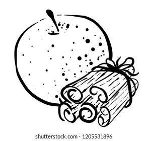 Apple Cinnamon Flavor. Vector hand drawn black and white illustration of apple and cinnamon. Sketch. Print design.