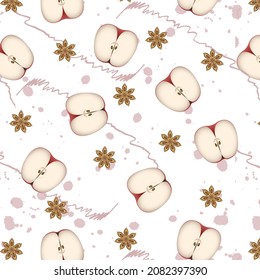 Apple and cinnamon on an abstract background. Vector seamless pattern.