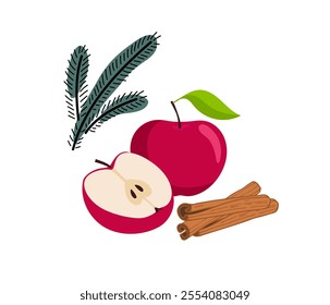 Apple with cinnamon sticks. Red Apple fruits, spices, fir branch. Organic food eco template for autumn or winter menu, apple jam, juice label, tea, apple product for advertising and packaging design