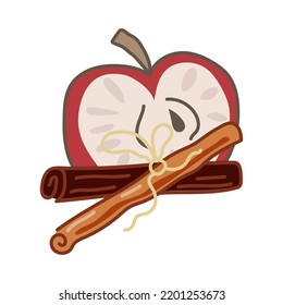 Apple con palos de canela. Ilustración vectorial.