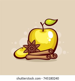 Apple and cinnamon vector illustration. Design for sweets and pastries, dessert menu, health care products, natural cosmetic.
