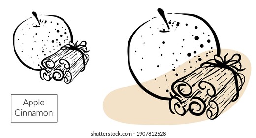 An apple and cinnamon vector illustrations. Black and white line drawing. Poster, card, banner. Ink, linear, line art. Modern, trendy style