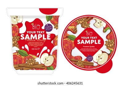 Apple Cinnamon yogurt package design with yogurt splash isolated on white background. Packaging design template of fruit yogurt container. Apple Cinnamon yogurt cup design layout.