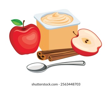 Apple cinnamon yogurt in a plastic cup and spoon vector illustration. Apple cinnamon yogurt plastic cup icon vector isolated on a white background. Fruit yoghurt and fresh apples drawing