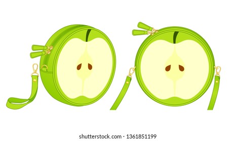 Apple circle bag, round purse, double slider zipper bag, daily zip pouch with detachable shoulder strap/ detachable wrist strap, vector illustration sketch template