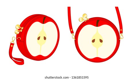 Apple circle bag, round purse, double slider zipper bag, daily zip pouch with detachable shoulder strap/ detachable wrist strap, vector illustration sketch template