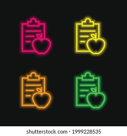 Apple And A Clipboard With Notes For Gymnast Diet Control four color glowing neon vector icon