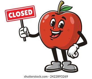 Apple with closed sign board cartoon mascot illustration character vector clip art hand drawn