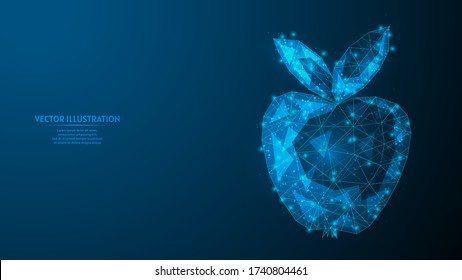 Apple close-up. Business concept, vegetarian healthy food. Sweet fruit of fresh fruit. Space style. Innovative medicine and technology. 3d low poly wireframe model vector illustration.