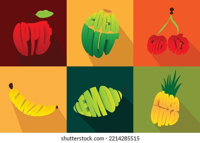 apple, coconut, cherries, banana, lemon, pineapple fruits 3D vector shapes with include names