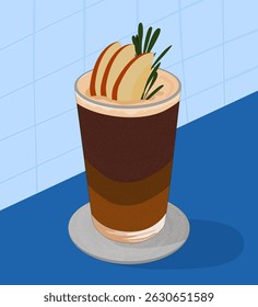 Apple coffee on a light blue tiled wall. Hand-drawn vector. Design of apple coffee collection.