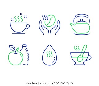 Apple, Coffee and Teapot line icons set. Coffee cup, Hot water and Tea cup signs. Diet food, Roasted bean, Tea kettle. Hot drink. Food and drink set. Line apple outline icons. Vector