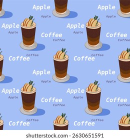 Café frío de la preparación de la manzana en el patrón azul del fondo, diseño de la colección del café de la manzana.